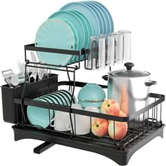 ELMEJORPRECIO - Escurridor De Platos 2 Niveles Con Drenaje Y Posavasos Negro