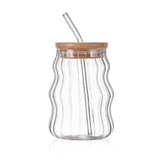 MOLAND - 2 Vasos Montana acanalados con tapa de bambú y cañita de vidrio