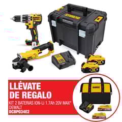 DEWALT - Taladro Percutor 1/2" 20 V Xr 70 Nm + Esmeril Angular 4 1/2" 20V + Cargador + Regalo: Kit 2 Bat 1.7AH 20V + 1 Carg + Maletin de lona