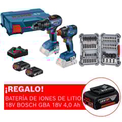 BOSCH - Taladro percutor GSB 18V-50 + Llave de impacto GDX 18V-200 + 2 baterías GBA 18V 2,0 Ah + 1 cargador GAL 18V-20 + 1 maletín plástico + Batería de iones de litio 18V + Kit de Puntas y Dados para Atornillar 36 Piezas Impact Control