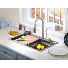 SENSI DACQUA - Lavadero de Cocina Negro + Monomando + Colador + Tabla de Cortar + Lavador de copas a presión + Sifón